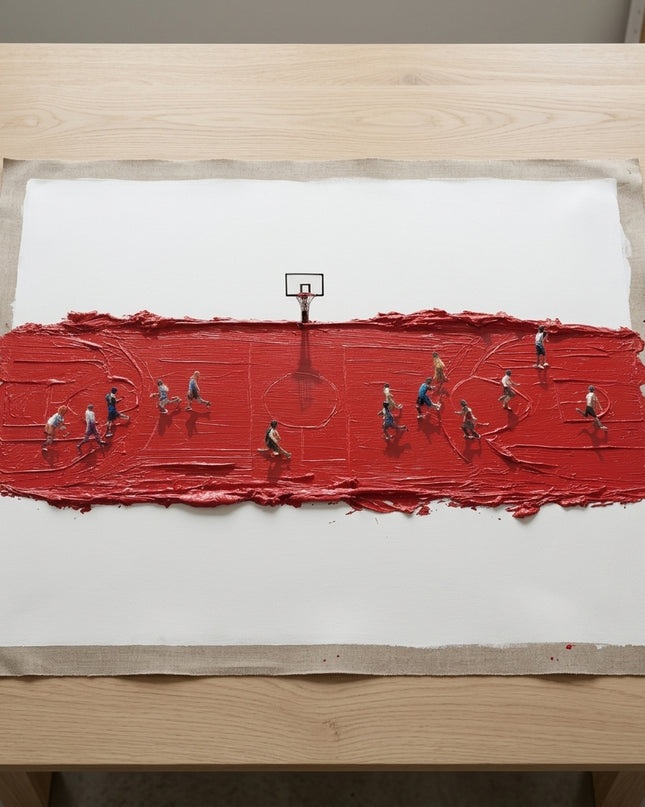 Full Court hand-painted original as unrolled canvas on studio table, shown without frame