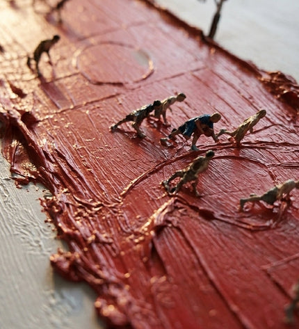 Close-up detail of Full Court showing textured impasto brushstrokes and cadmium red