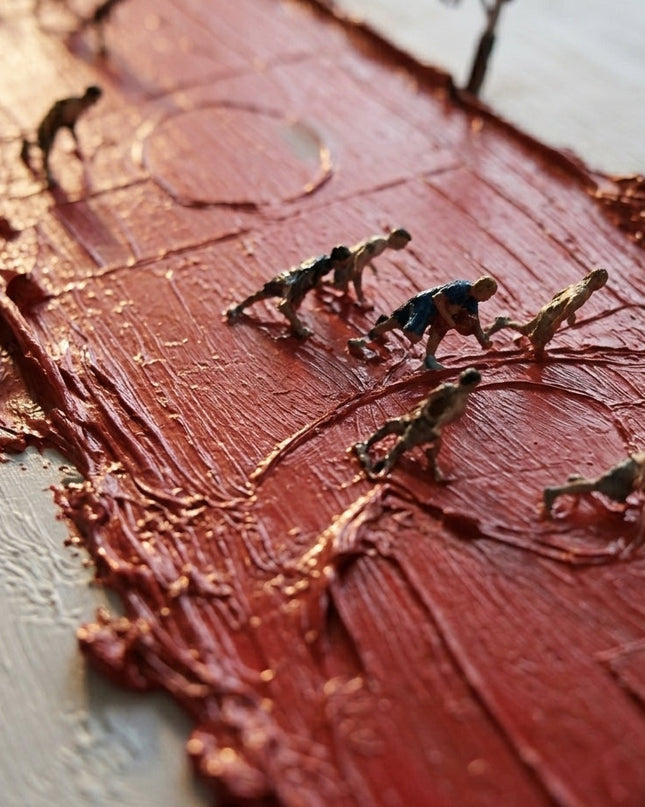 Close-up detail of Full Court showing textured impasto brushstrokes and cadmium red