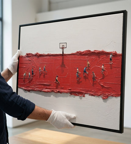 Art handler presenting Full Court large format original painting