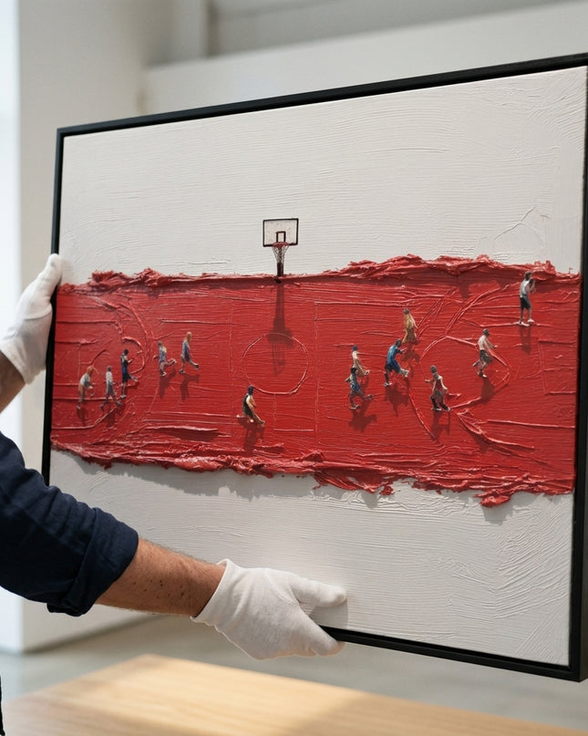Art handler presenting Full Court large format original painting
