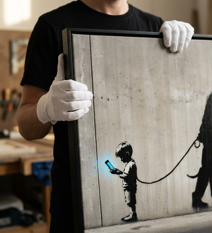Art handler presenting Digital Dependency large-format original painting