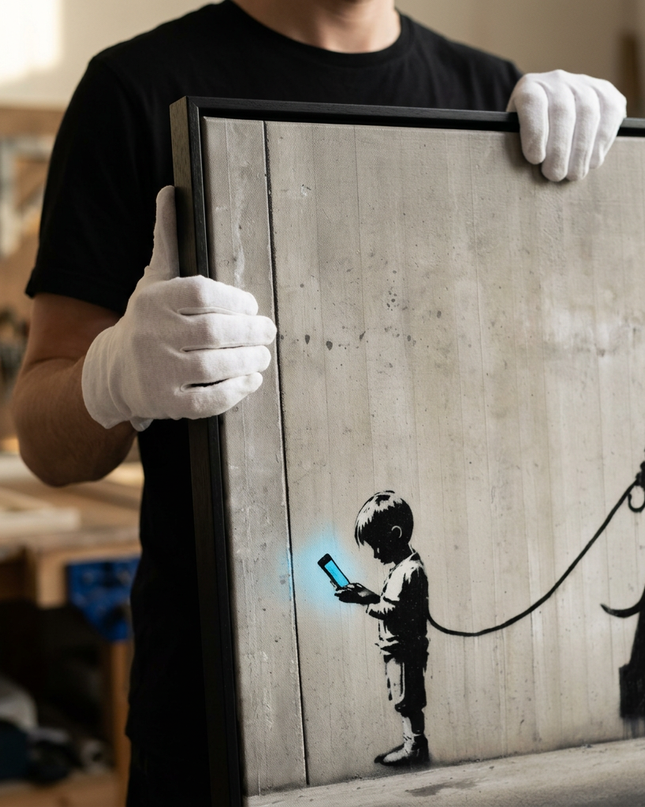 Art handler presenting Digital Dependency large-format original painting