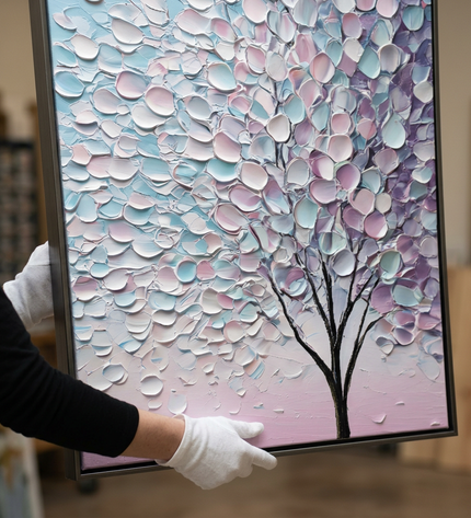 Art handler presenting Lavender Petals large-format original painting