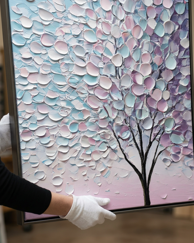 Art handler presenting Lavender Petals large-format original painting