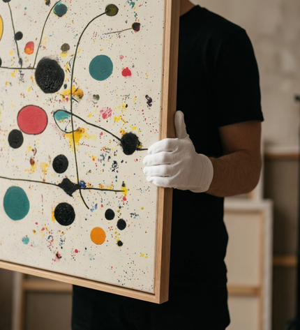 Art handler presenting Molecules of Happiness large-format original painting
