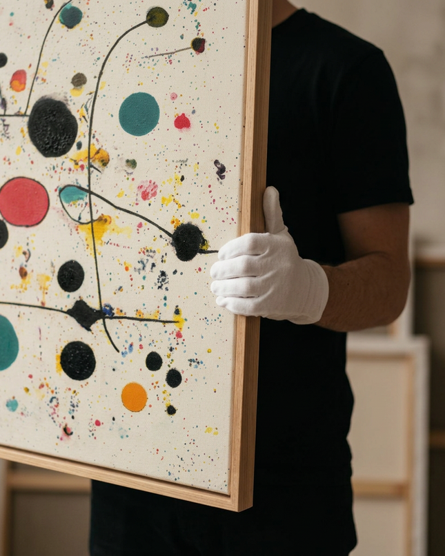 Art handler presenting Molecules of Happiness large-format original painting