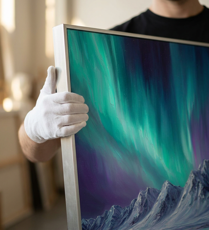 Art handler presenting Whispers of the North large-format original painting