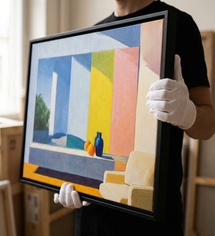 Art handler presenting Constructed Dimension large-format original painting