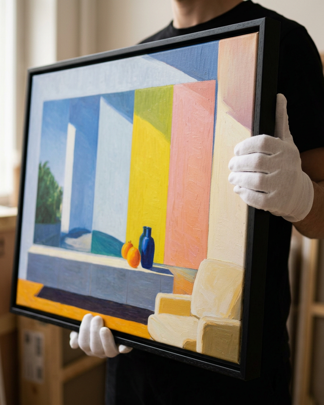 Art handler presenting Constructed Dimension large-format original painting