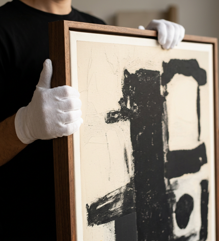 Art handler presenting Monochrome Balance large-format original painting