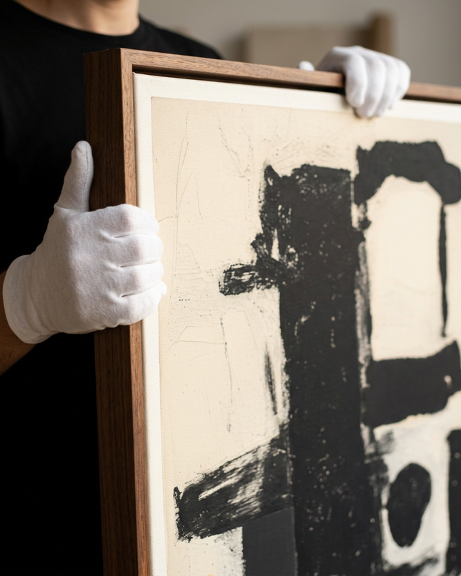 Art handler presenting Monochrome Balance large-format original painting