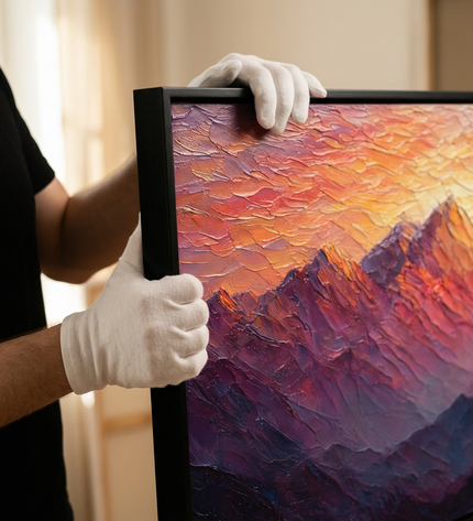 Art handler presenting Sunset Reverie large-format original painting