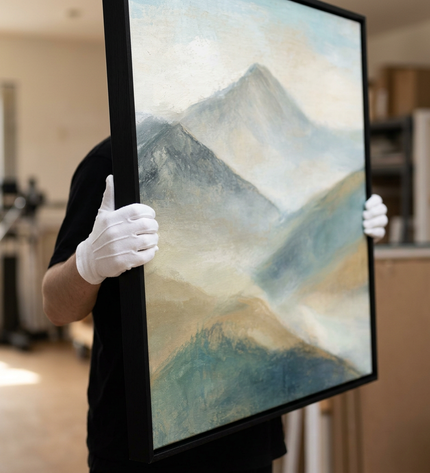 Art handler presenting Drifting Into Peace large-format original painting