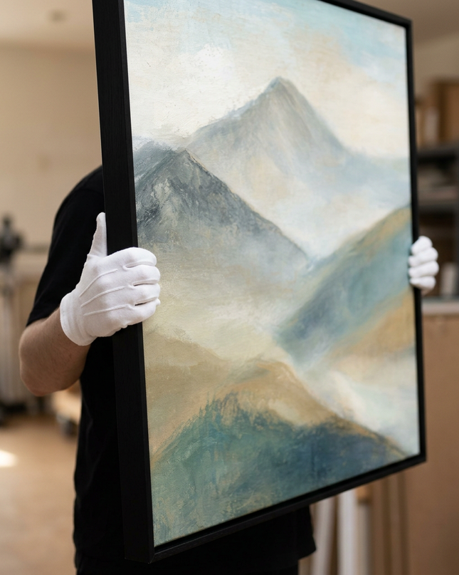 Art handler presenting Drifting Into Peace large-format original painting