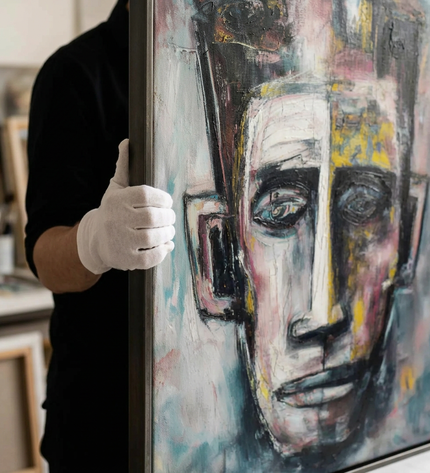 Art handler presenting The Listener large-format original painting