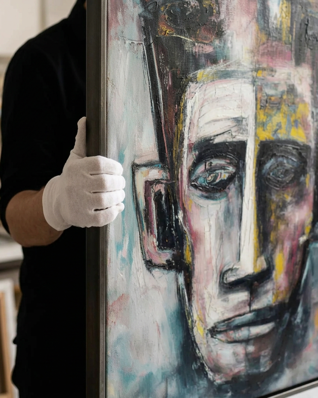 Art handler presenting The Listener large-format original painting