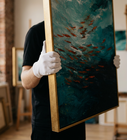 Art handler presenting Currents of Life large-format original painting