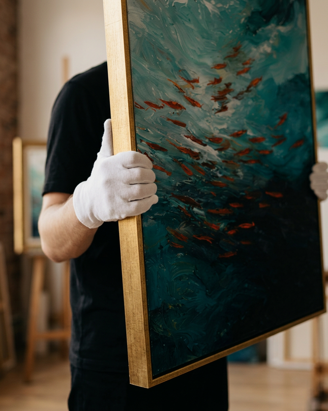 Art handler presenting Currents of Life large-format original painting