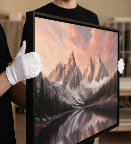 Art handler presenting Sunset Summits large-format original painting