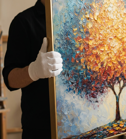 Art handler presenting Legacy Tree large-format original painting