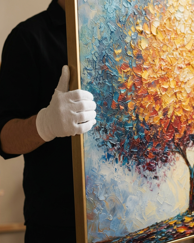 Art handler presenting Legacy Tree large-format original painting