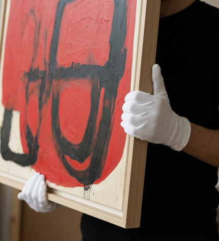 Art handler presenting Ceremonial Forms large-format original painting