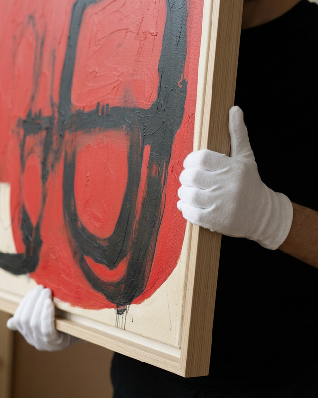 Art handler presenting Ceremonial Forms large-format original painting