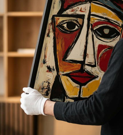 Art handler presenting The Watcher large-format original painting