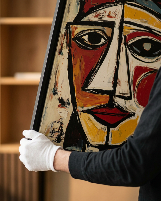 Art handler presenting The Watcher large-format original painting