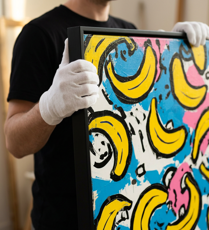 Art handler presenting Tropical Pop large-format original painting