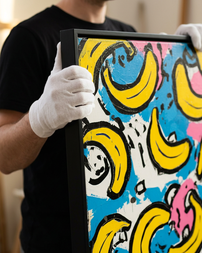 Art handler presenting Tropical Pop large-format original painting
