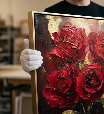 Art handler presenting Velvet Passion large-format original painting