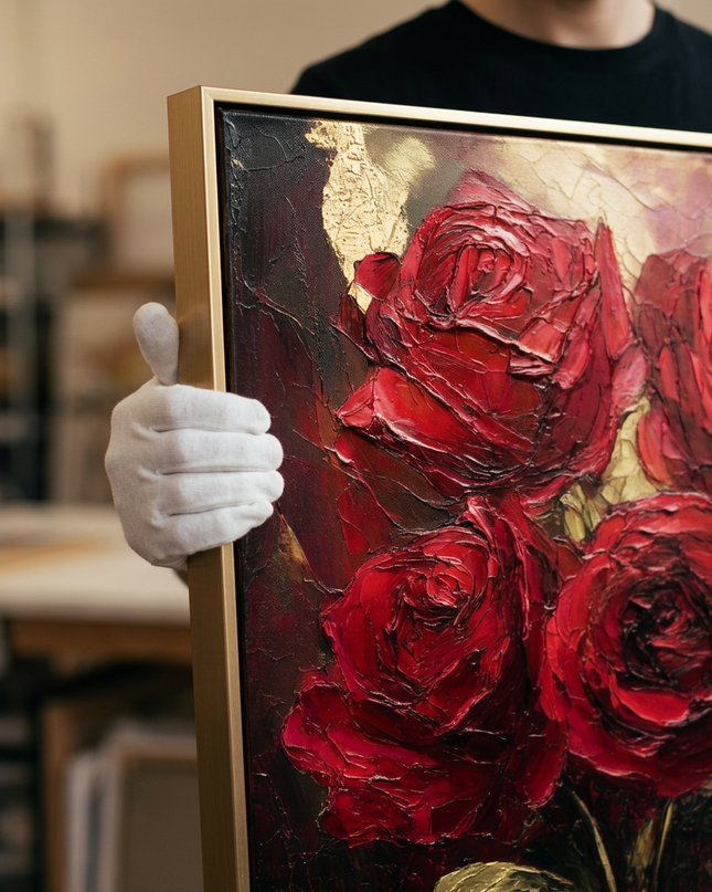 Art handler presenting Velvet Passion large-format original painting