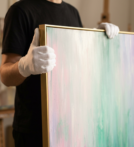 Art handler presenting Northern Colors large-format original painting