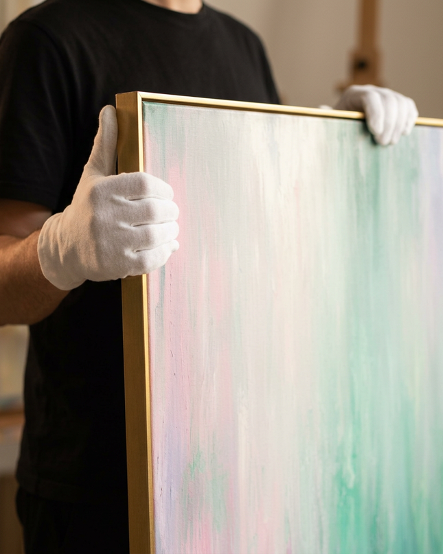 Art handler presenting Northern Colors large-format original painting