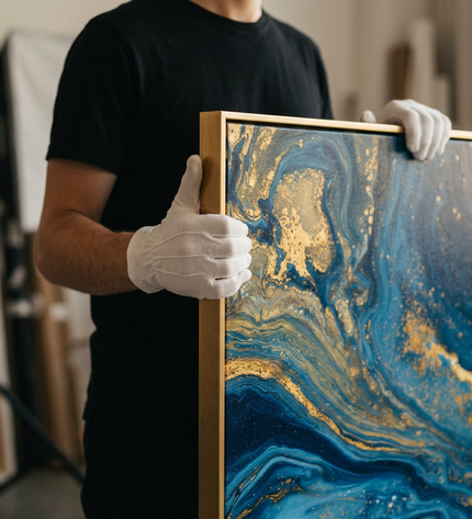 Art handler presenting Ocean of Stars large-format original painting