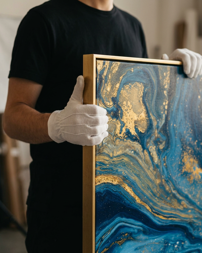 Art handler presenting Ocean of Stars large-format original painting