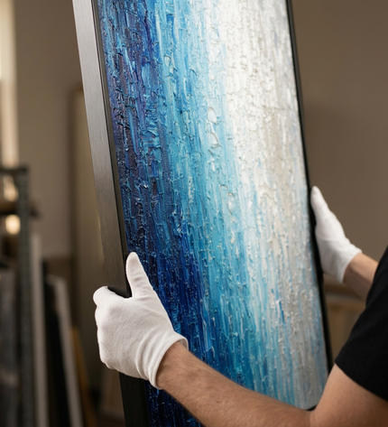 Art handler presenting Silver Tide large-format original painting