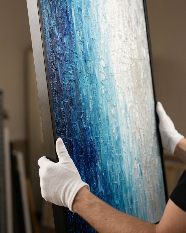 Art handler presenting Silver Tide large-format original painting