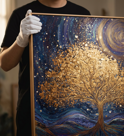 Art handler presenting Roots of the Universe large-format original painting