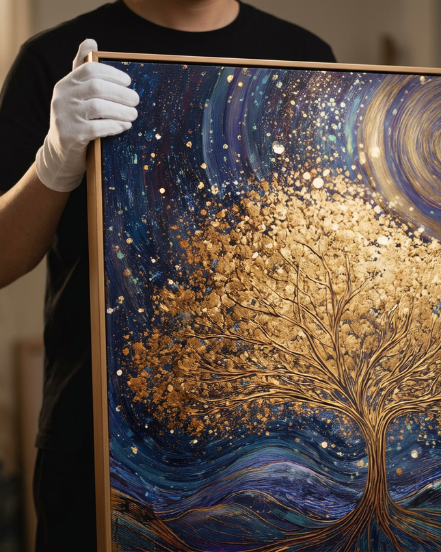 Art handler presenting Roots of the Universe large-format original painting