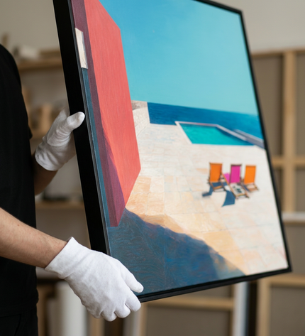 Art handler presenting Quiet Escapes large-format original painting