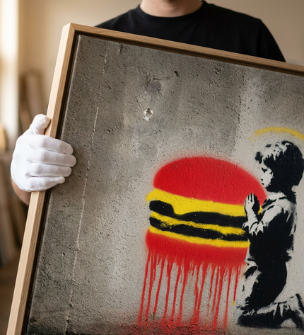 Art handler presenting Holy Burger large-format original painting