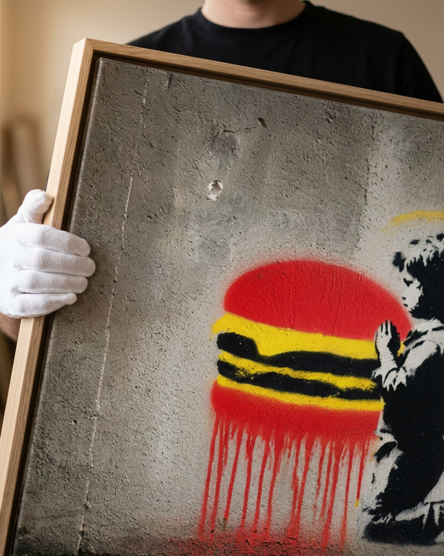 Art handler presenting Holy Burger large-format original painting
