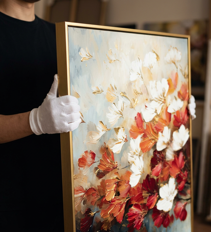 Art handler presenting Smells Like Spring large-format original painting