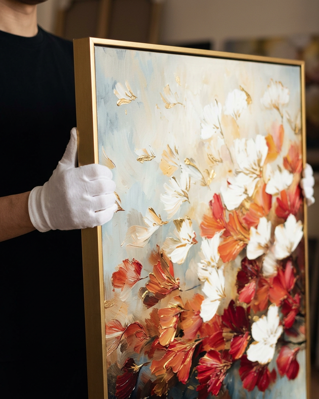 Art handler presenting Smells Like Spring large-format original painting
