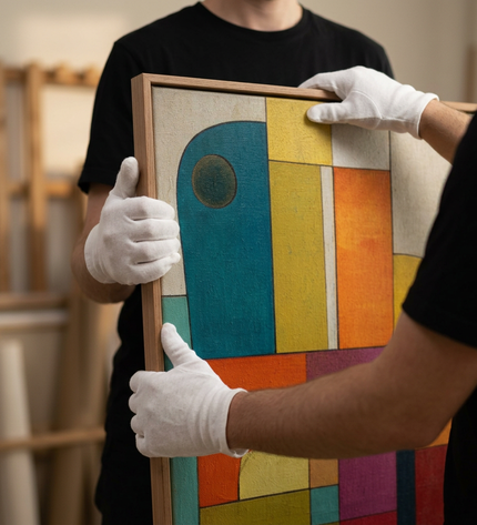 Art handler presenting Urban Mosaic large-format original painting