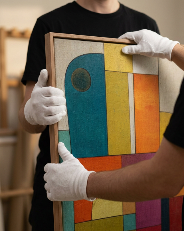 Art handler presenting Urban Mosaic large-format original painting