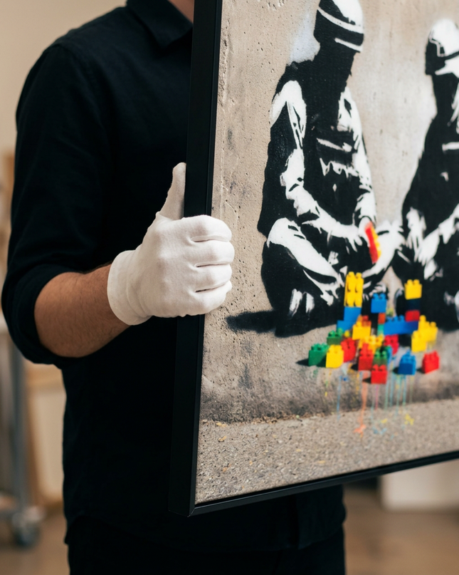 Art handler presenting Peace Builders large-format original painting